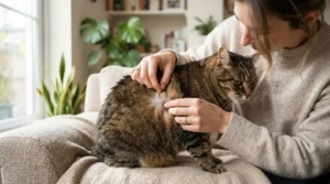 Checking a cat's skin health after applying hypoallergenic cat shampoo for sensitive skin in a Halifax home.