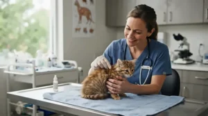 A rescued kitten receiving specialized care using hypoallergenic cat shampoo for sensitive skin to treat dry patches.