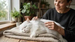 Grooming a fluffy Persian cat after using hypoallergenic cat shampoo for sensitive skin in an Ottawa residence.