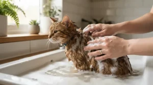 Massaging hypoallergenic cat shampoo for sensitive skin into a short-haired cat's coat near a window in Edmonton.