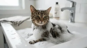 A relaxed tabby cat enjoying a soothing lather of hypoallergenic cat shampoo for sensitive skin in Calgary.