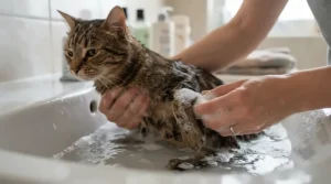 A concerned pet parent applying hypoallergenic cat shampoo for sensitive skin to calm irritated feline paws.