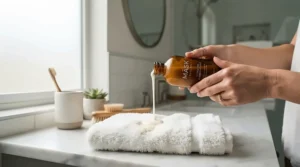 Pouring hypoallergenic cat shampoo for sensitive skin featuring colloidal oatmeal onto a soft washcloth in a Toronto apartment.