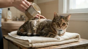 An owner using hypoallergenic cat shampoo for sensitive skin to soothe a scratching tabby cat on a cozy towel.