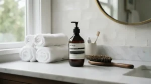 A bottle of fragrance-free hypoallergenic cat shampoo for sensitive skin sitting beside a grooming brush on a wooden table.