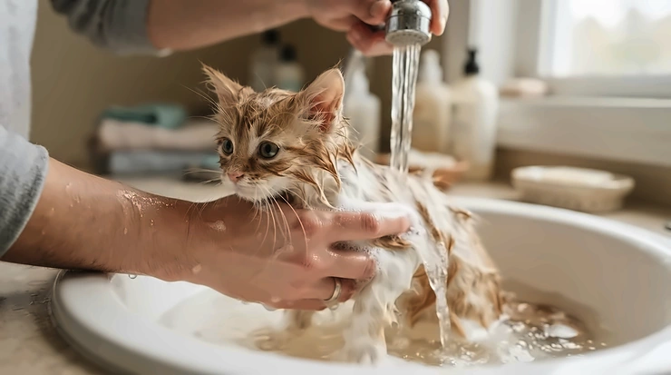 Rinsing a hypoallergenic cat shampoo for sensitive skin formula off a kitten's fur in a bright Winnipeg bathroom.