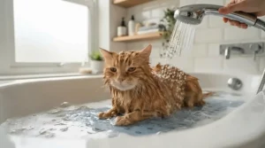 A gentle soap-free hypoallergenic cat shampoo for sensitive skin being rinsed off a relaxed orange tabby.