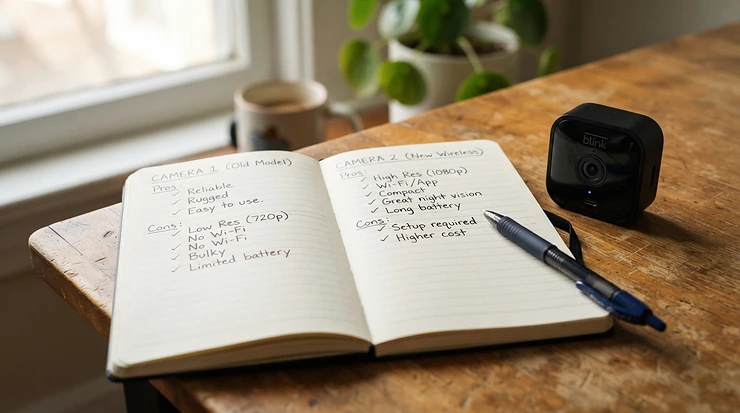 A detailed feature breakdown of a two-way audio camera vs one-way audio pet camera on a desk.
