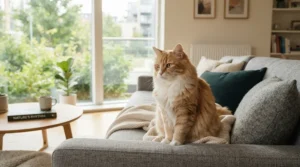 A two-way audio camera vs one-way audio pet camera setup showing a cat in a modern Canadian living room.