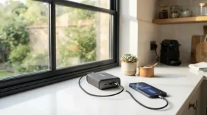 An affordable two-way audio cat camera installed on a kitchen counter in a Toronto home to speak to a curious kitten.