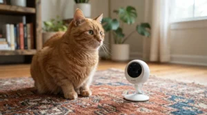 Demonstrating the microphone sensitivity of a two-way audio cat camera as a ginger cat meows nearby.