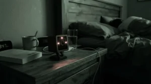 Using a two-way audio cat camera with infrared night vision to check on a sleeping cat in a dark bedroom.