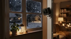 A two-way audio cat camera featuring background noise filtering during a snowy winter day in Montreal.