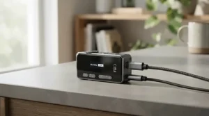 A close-up evaluation of a two-way audio cat camera showcasing its sleek design during a product test in Vancouver.
