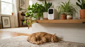 A two-way audio pet camera for elderly cat owners placed neatly on a wooden shelf overlooking a lounging cat.