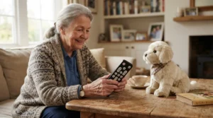 Using a large-button remote control alongside a two-way audio pet camera for elderly cat owners during a quiet afternoon.
