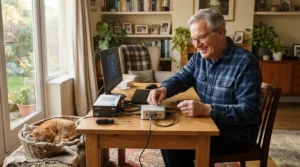 An elderly cat owner happily checking a two-way audio pet camera for elderly cat owners in a bright Canadian living room.