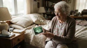 Monitoring a sleeping cat at night using a two-way audio pet camera for elderly cat owners in a Canadian home.