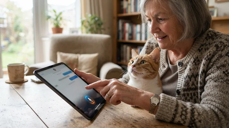 Demonstrating the clear voice feature of a two-way audio pet camera for elderly cat owners talking to a curious cat.
