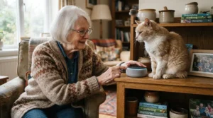 A smiling senior speaking through a two-way audio pet camera for elderly cat owners to comfort their senior feline.