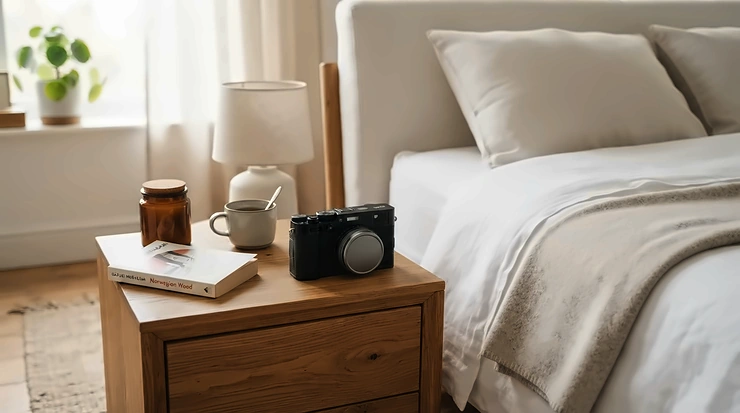 A two-way talk camera for anxious cats positioned on a bedside table to monitor separation stress.