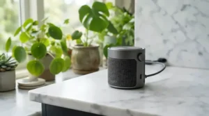 A sleek two-way talk camera for anxious cats placed on a modern kitchen counter near a sunny window.