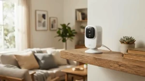 A two-way talk camera for anxious cats sitting on a shelf while a feline looks up attentively in a living room.
