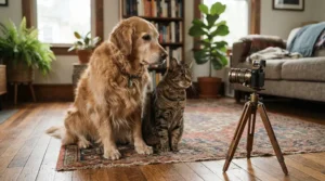 Two pets sitting together in front of a two-way talk camera for anxious cats in a Canadian home.