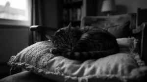 Night vision view through a two-way talk camera for anxious cats showing a resting feline in a dark room.