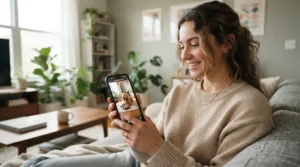 An owner using a smartphone app to check a two-way talk camera for anxious cats during the workday.